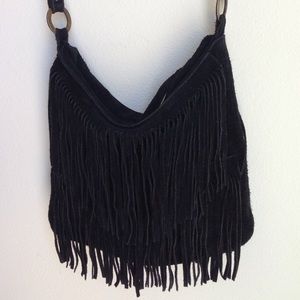 Black suede fringe handbag