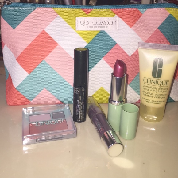 Clinique cosmetic bag with goodies.