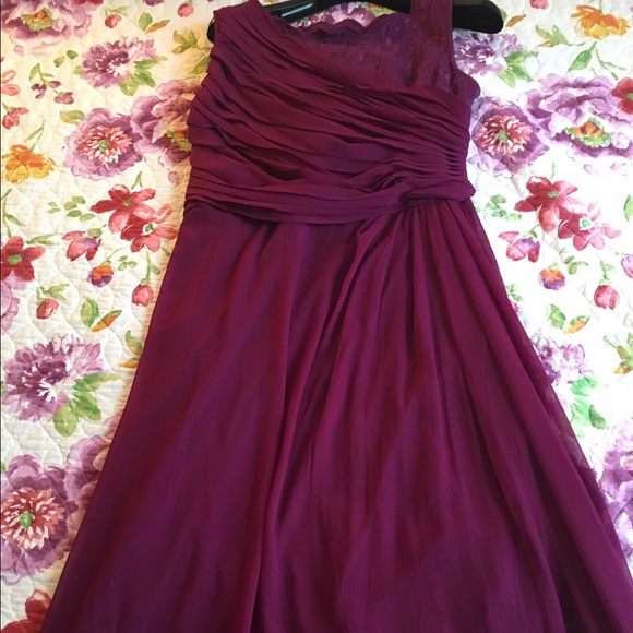 Long burgundy chiffon and lace dress