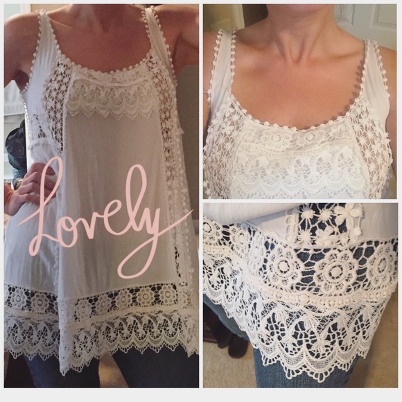 White & Cream Flowy Crochet Lace Boho Tunic Tank