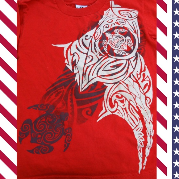 Red Boys Tee Hawaiian Pattern Long Sleeves. - Picture 3 of 4