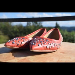Diane Von Furtsenberg Orange Leather Studded Flats