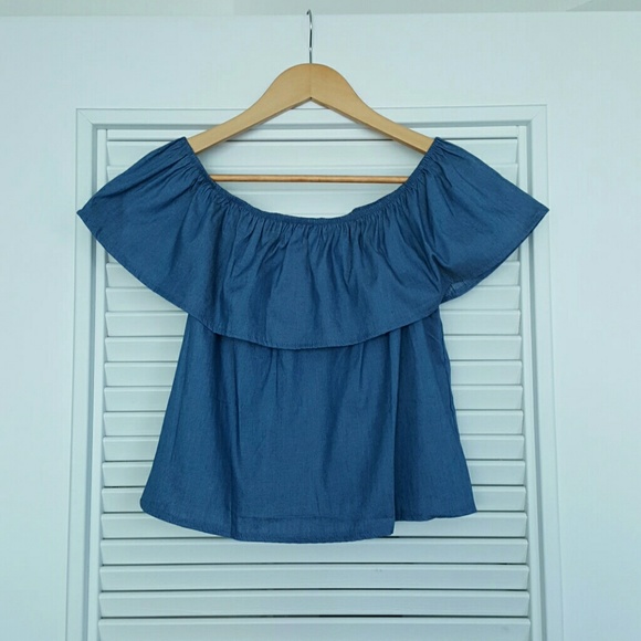Off the Shoulders Denim Ruffle Loose Blouse - Picture 3 of 4