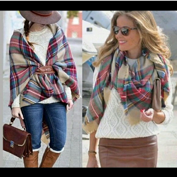 Boutique Accessories - Tan tartan plaid blanket scarf / wrap / shawl