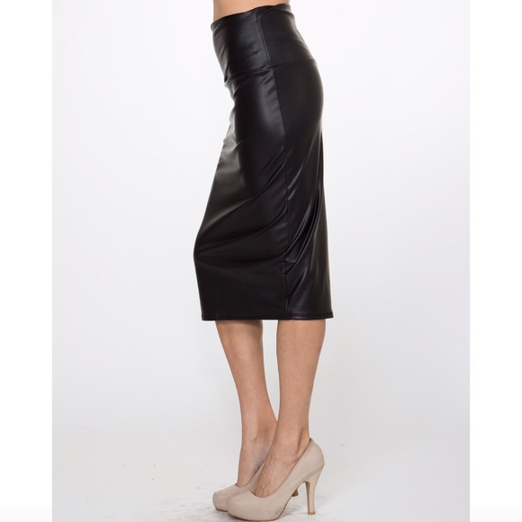 Black Faux Leather Pencil Midi Skirt - Picture 2 of 5