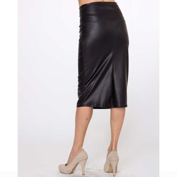 Black Faux Leather Pencil Midi Skirt - Picture 3 of 5