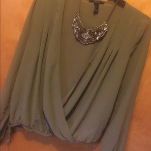Army green chiffon top with front clasp closure!