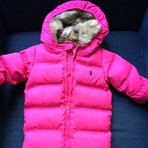 6m Pink Ralph Lauren Faux Fur Hood Snowsuit