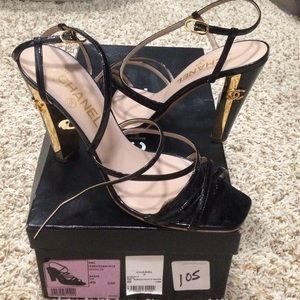 Chanel Gold and Black Patent Leather Sandals Chanel Gold and Black Patent Leather Sandals