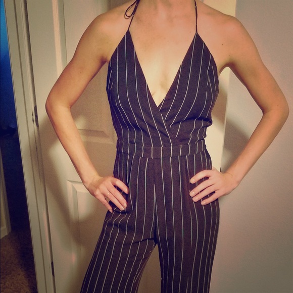 Pin Stripe Halter Bell Bottom Jumpsuit