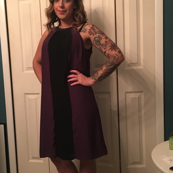 Purple and black color block dress