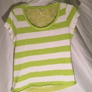 A light yellow/green with white striped shirt
