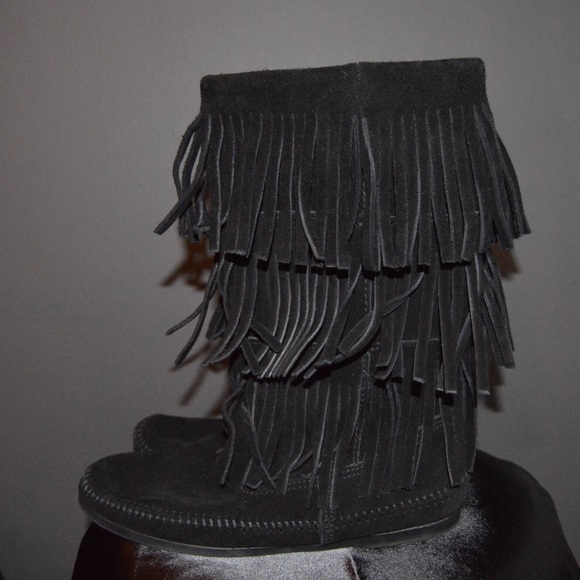 Black Authentic 3 Layer Minnetonka Fringe Boots - Picture 1 of 4