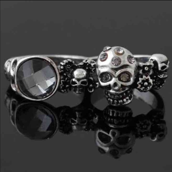 2-Finger Skulls & Crystals Ring