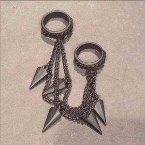 Black Double Rings with Chains & Spikes