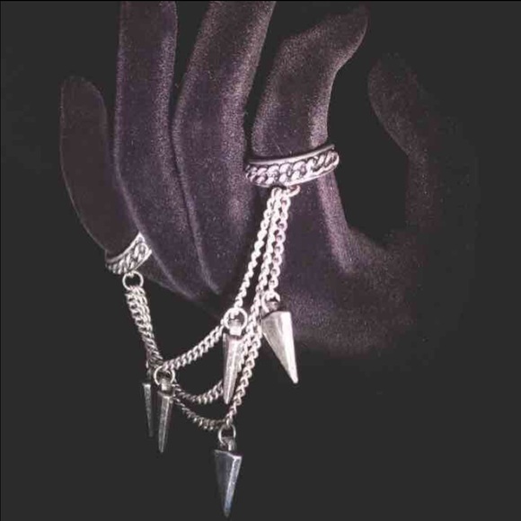 Silver Double Rings with Chains & Spikes