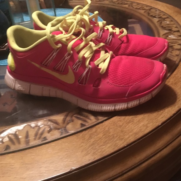 Hot pink and yellow nice Nike free 5.0