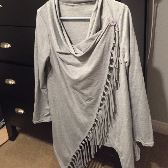 Cowl neck fringe sweater