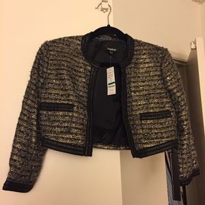 bebe tweed blazer with leatherette trim