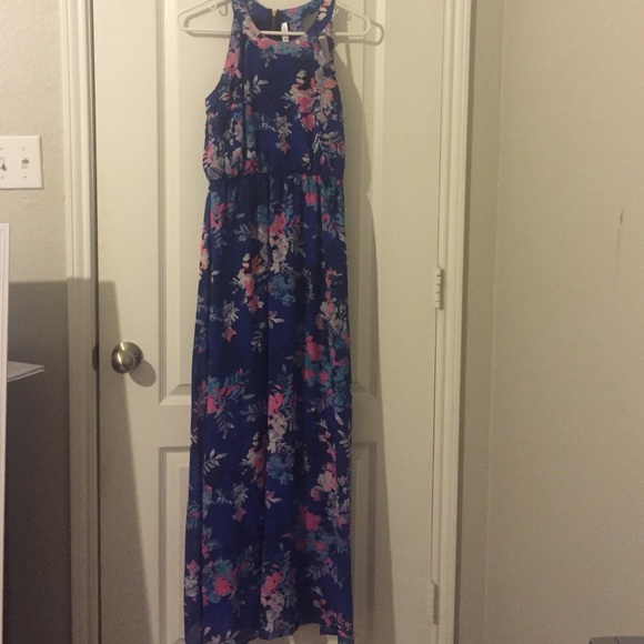 Long dark blue dress with flower prints