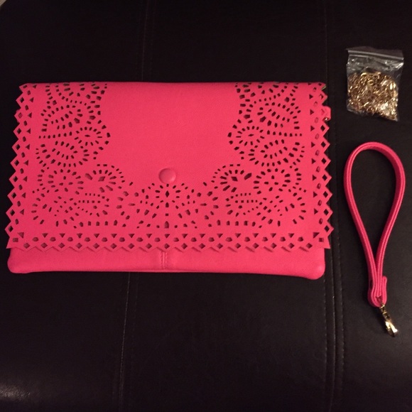 Neon pink perforated clutch