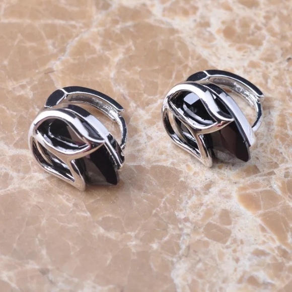 Silver with black gem stone Huggie type Earrings
