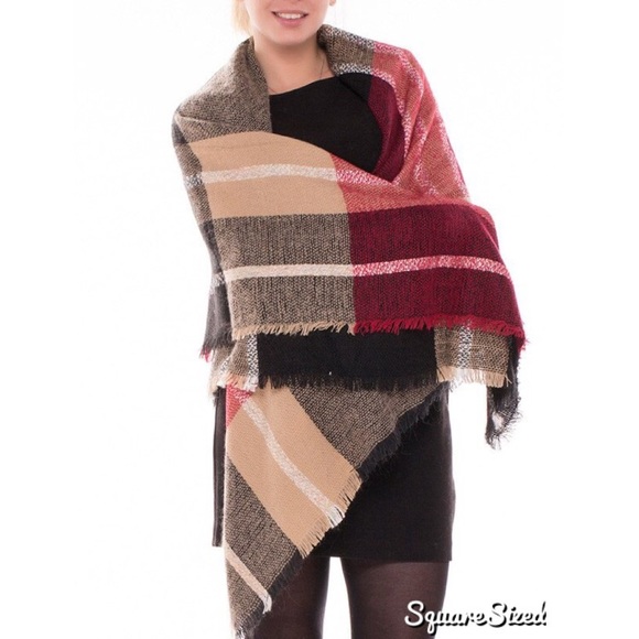 Wine oversized Checked Plaid Blanket Scarf - Picture 2 of 3