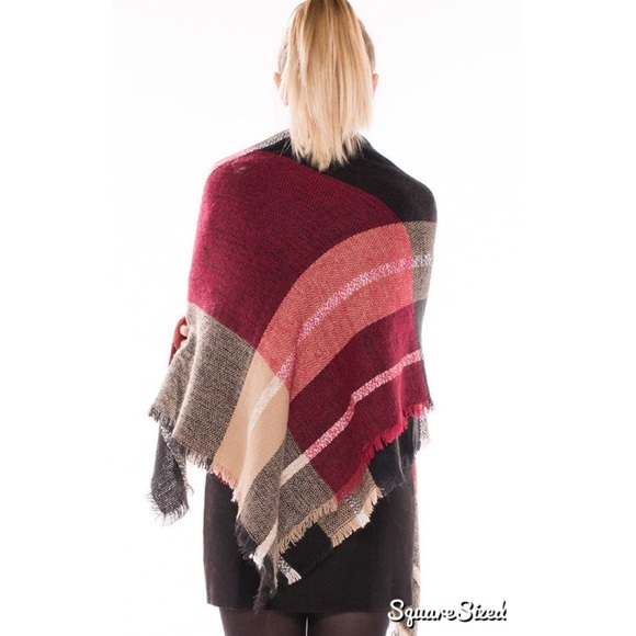 Wine oversized Checked Plaid Blanket Scarf - Picture 3 of 3