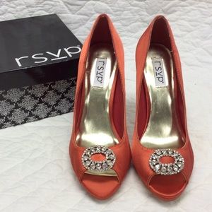 RSVP Orange Stiletto pumps with Rhinestone Brooch