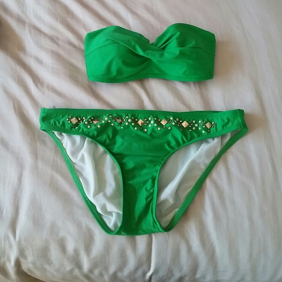 Bright green strapless bikini