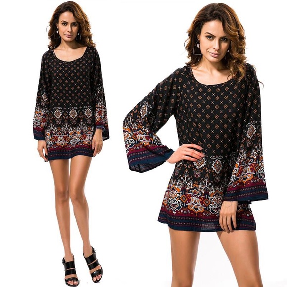 Mini Long Sleeve Boho Style Dress - Picture 2 of 4
