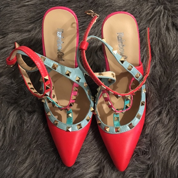 Rainbow Cat Color Block Embellished Heels