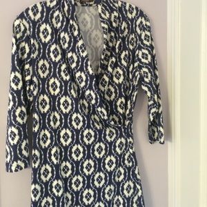 J. McLaughlin navy & ivory print faux wrap dress.