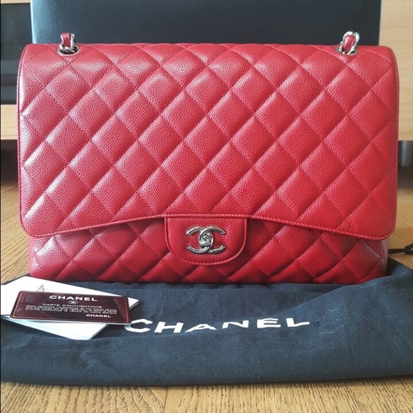 SOLD❌❌Chanel maxi single flap bag caviar Red SHW