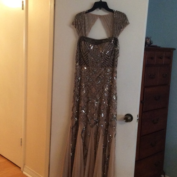 Taupe 100% Rayon Gun Metal Beads and Sequins Gown