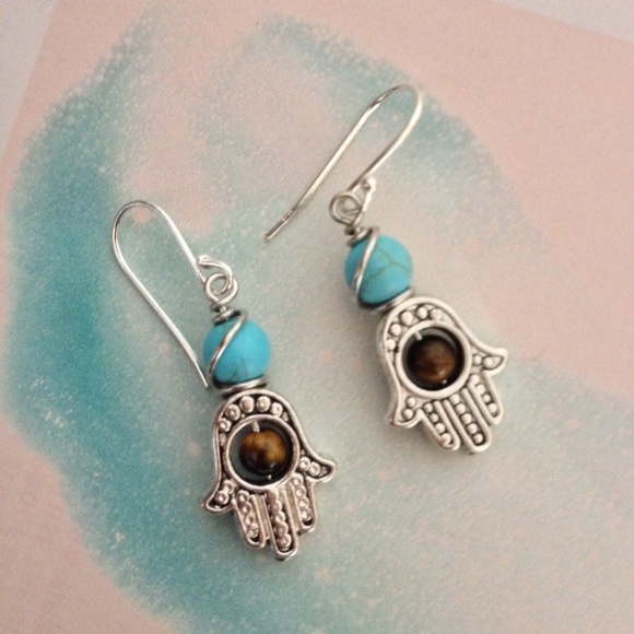 Gemstone Hamsa Hand Earrings - Picture 2 of 2
