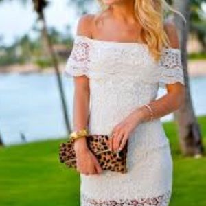 White lace off the shoulder boho bridal dress