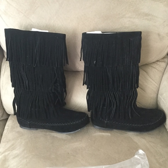 More Photos: Suede Fringe Tiered Moccasin Boots