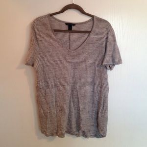 Grey & White Stripped Linen V-Neck Tee