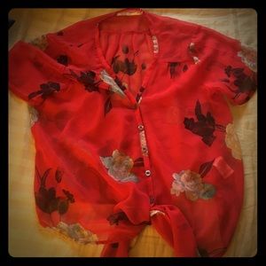 Red cover up blouse. Flower print