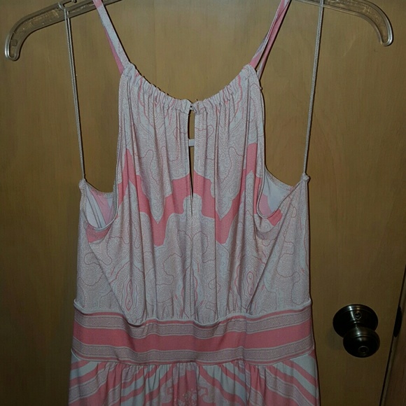 Coral pink and tan maxi dress