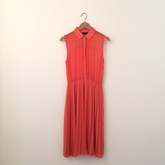 Topshop Bright Coral Pleated Dress