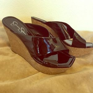 Jessica Simpson patent and cork platform wedges