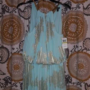 Pleated aqua and gold maxi dress