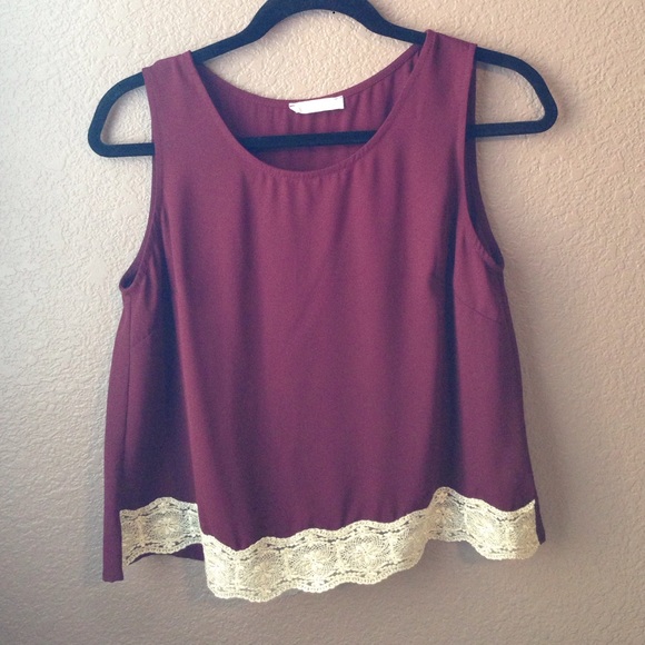 Dark red/purple, gold lace trim tank top