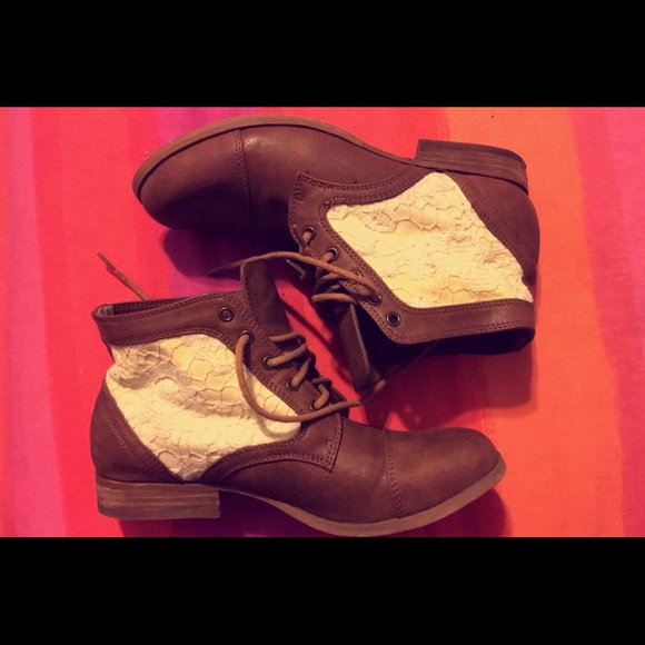Brown & Off White Lace Booties