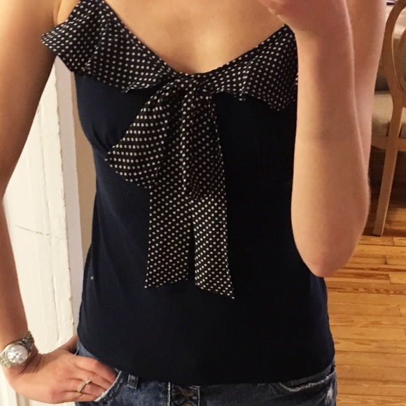 Nanette Lepore Navy Polka Dot Ruffle Tie Top