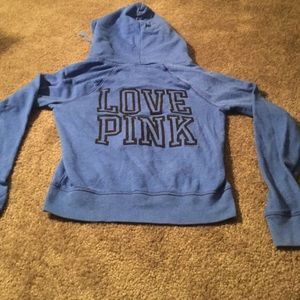 ✨ PINK by VS ✨Blue zip up hoodie says "LOVE PINK"