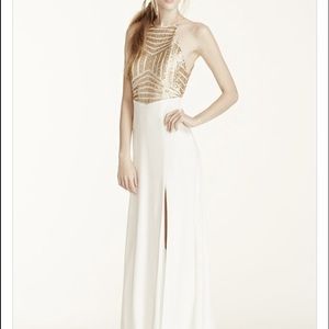 David's Bridal White and Gold Prom Dress