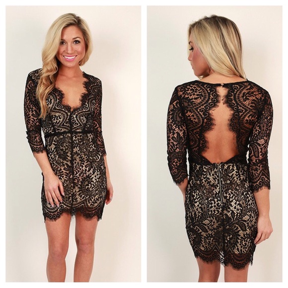 NWT LBD Black Lace Nude Open Back Dress Medium